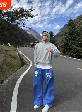 美式刺绣植绒印花慵懒弯刀阔腿裤秋夏运动长裤休闲卫裤蓝色藏青色