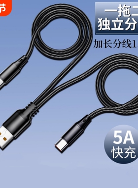 一拖二三数据线快充二合一适用双苹果华为小米双typec充电线2合1安卓5a超级66w两头鱼丝线加长荣耀接口一分二