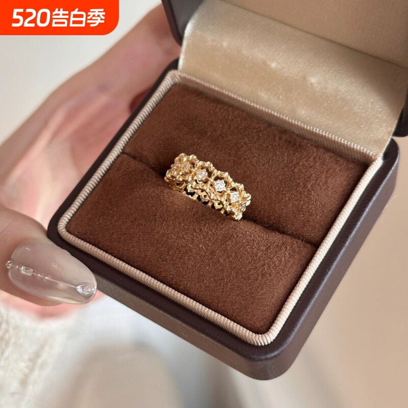 法式中古蕾丝花边镂空网状戒指女小众时尚轻奢镶嵌锆石高级感手饰