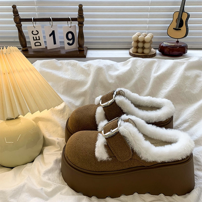 时尚皮带扣毛毛拖鞋女外穿2025新款秋冬厚底加绒棉拖勃肯包头半拖