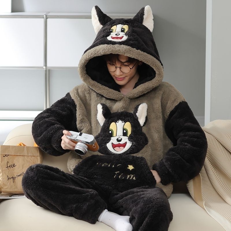 睡衣男款秋冬季珊瑚绒加厚卡通男士长毛绒大码连帽家居服套装可爱