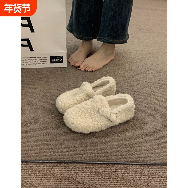 加绒秋冬保暖毛毛棉鞋女冬2025新款羊羔毛勃肯单鞋豆豆鞋内增高,女鞋,乐福鞋（豆豆鞋）,淘宝优惠券,粉丝福利购,淘宝优惠卷