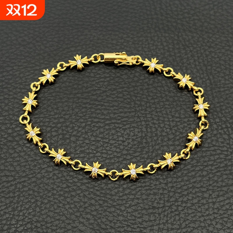 ODEK高级22K金色带钻十字架手链情侣小众经典男士男女叠戴气质