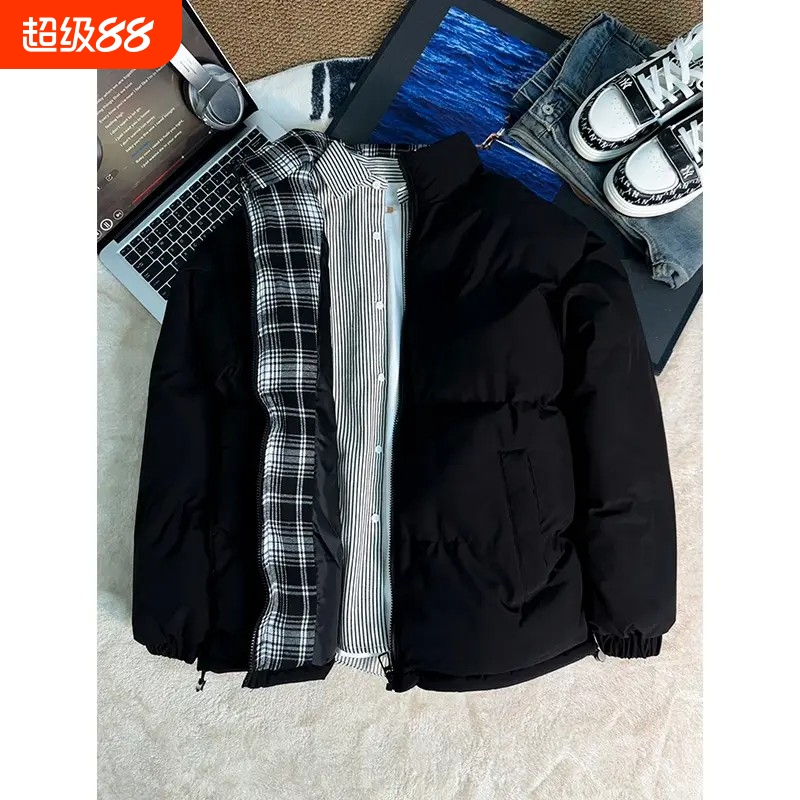 cleanfit黑色格子拼接夹克棉服男款冬季立领面包服运动棉衣外套