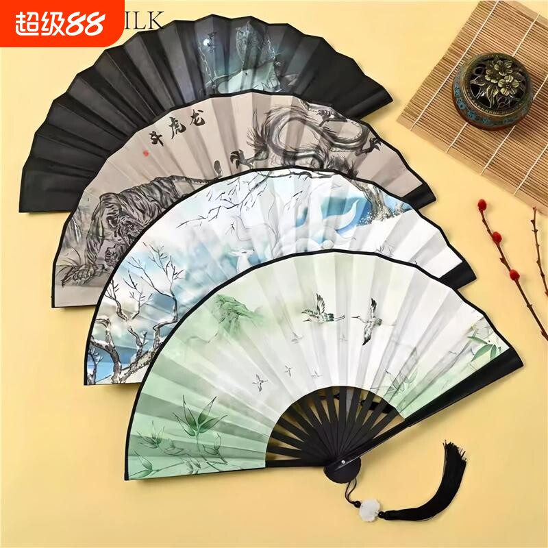 汉服扇子男童国风8寸塑料扇流苏吊坠国潮折扇儿童绢布古风撕不烂图片