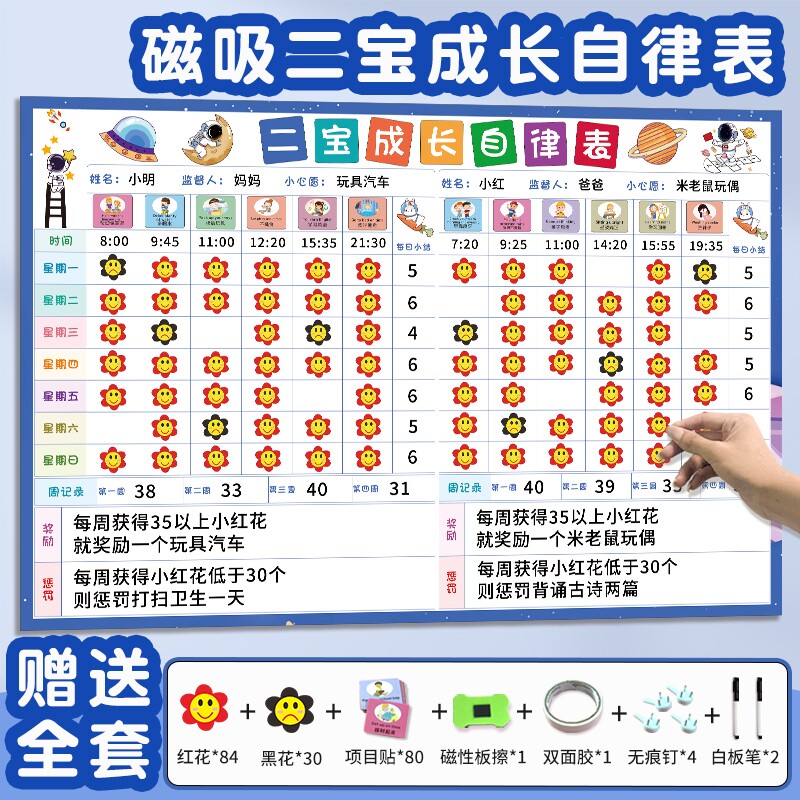 家庭版磁吸二宝儿童成长自律表好习惯养成奖励积分表宝宝规划表幼儿园