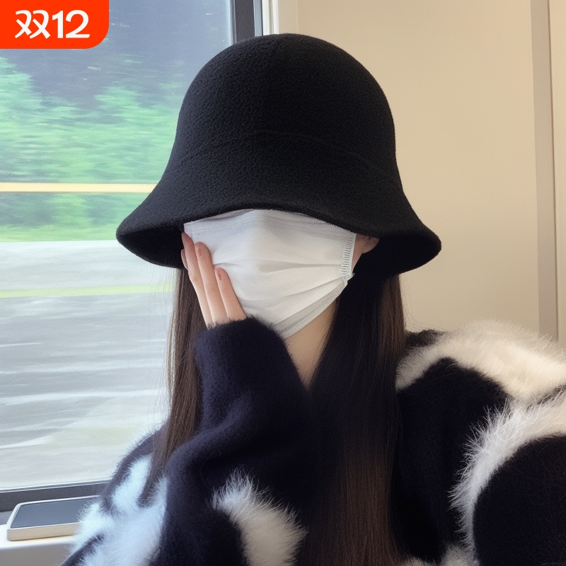 大头围日系百搭渔夫帽女秋冬复古遮脸水桶帽保暖毛呢盆帽显脸小