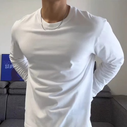 重磅纯棉小领口内搭打底衫男秋冬季白色长袖t恤正肩美式圆领卫衣