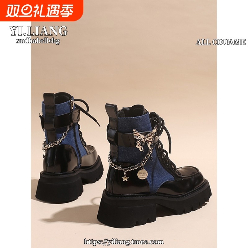 百搭马丁靴女厚底小众牛仔靴秋冬英伦风炸街小短靴黑色粗跟拼色
