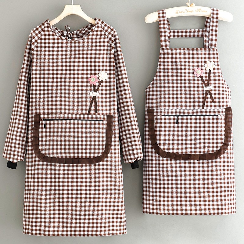 长袖罩衣防油格透气围裙家用厨房时尚女餐饮工作服成人耐脏背带