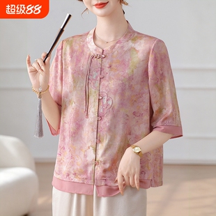 新中式小衫中年妈妈夏装套装2026新款中老年女装雪纺短袖上衣衬衫