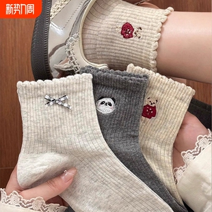 纯棉吸汗透气中筒袜 春夏季 可爱刺绣蝴蝶结短袜子女士2026新款 爆款