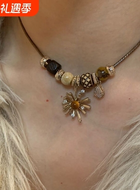 烟花虎眼 古着波西米亚风串珠项链女长款可调节毛衣链高级感配属