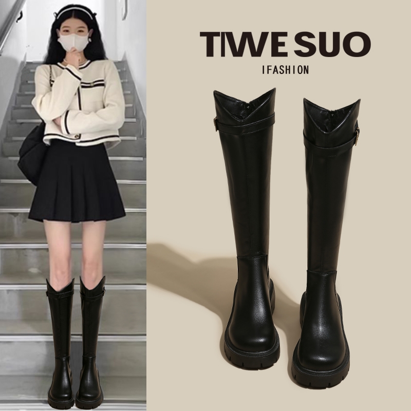 他她女孩长筒靴女秋冬新款胖mm粗腿大筒围厚底百搭显瘦加宽高帮