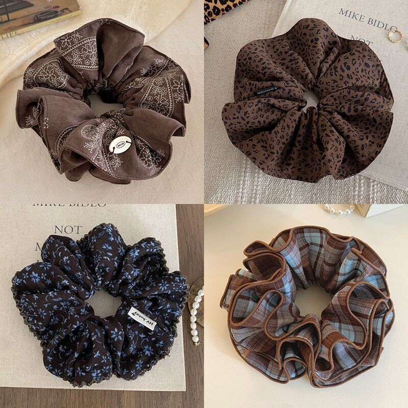 咖啡色布艺双层大肠发圈女韩系复古印花扎头发丸子头发绳气质发饰