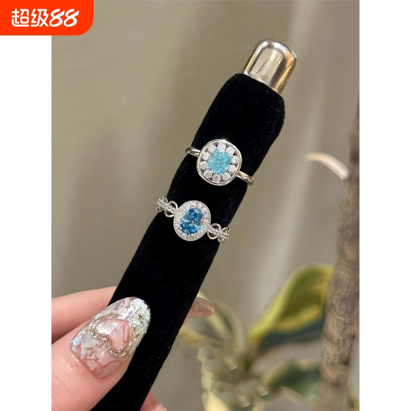 蓝色大海围镶蓝色戒指钻戒小众设计高级感饰品轻奢戒指高级感