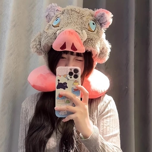 卡通鬼灭之刃嘴平伊之助猪猪U型枕旅行枕连帽护颈枕头猪头套帽子