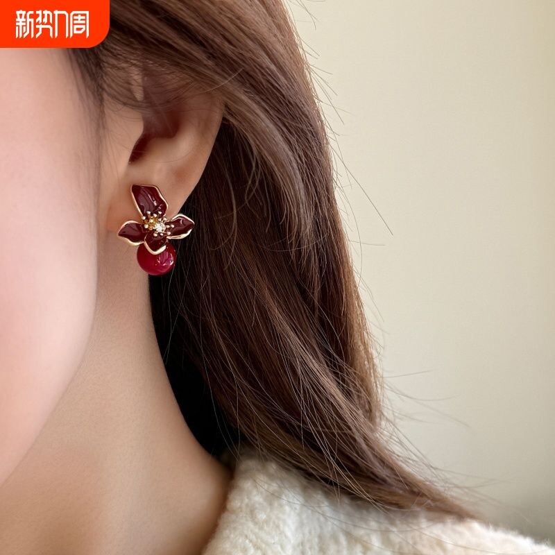 红色滴釉花朵耳环气质高级感轻奢2026新款爆款