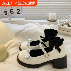 法式蝴蝶结玛丽珍小皮鞋女2025年春季新款白色配裙子浅口高跟单鞋