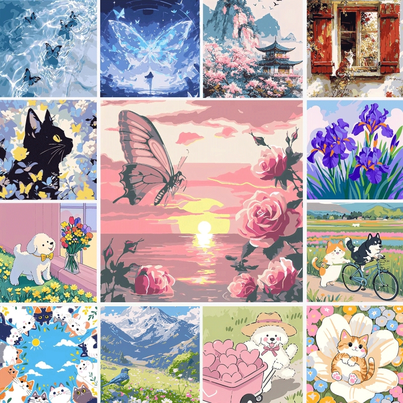 蝴蝶数字油画diy填色卡通风景治愈系解压手工丙烯油彩画猫咪挂画