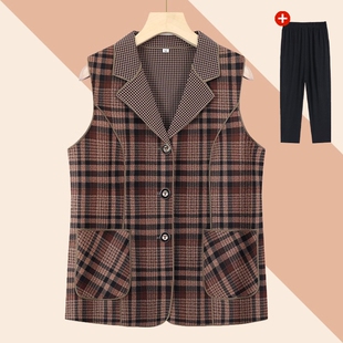 中老年人春秋格子马甲女奶奶秋装背心薄妈妈翻领洋气老人太太马夹