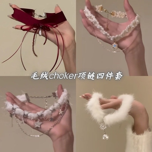 野心家原创【缪斯之语】酒红色蝴蝶结缎面颈链圣诞新年氛围感项链