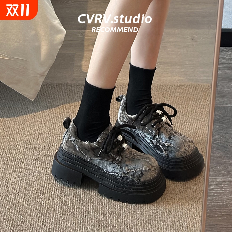 大头系带小皮鞋女2025秋季新款小个子厚底女鞋子时尚增高乐福单鞋