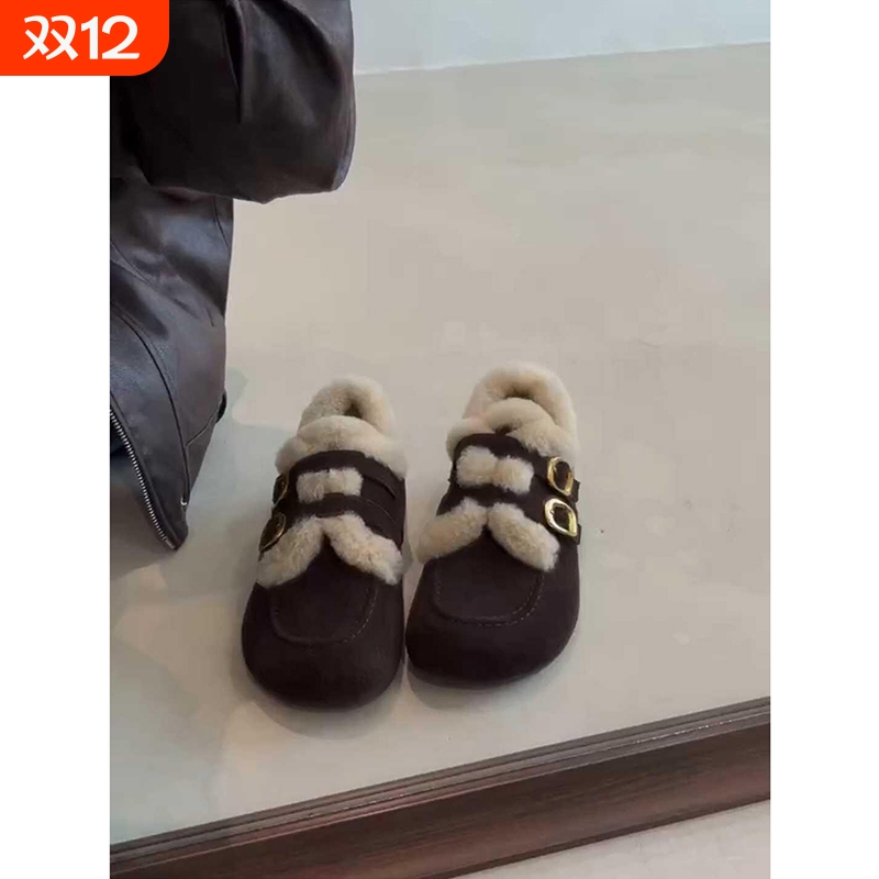 羊皮版~加绒单鞋女2025秋冬新款复古磨砂保暖毛毛棉鞋百搭包头拖
