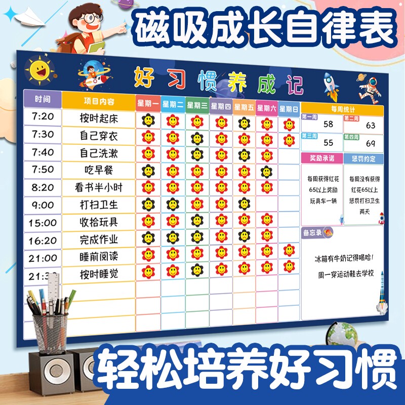 磁吸儿童成长自律表奖励墙贴纸小学生记录表好习惯养成家庭版积分小星星打卡表宝宝小红花奖罚时间表冰箱阅读
