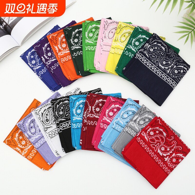53cm纯棉印花方巾腰果花手帕街舞嘻哈头巾男女围巾黑色白色冬季