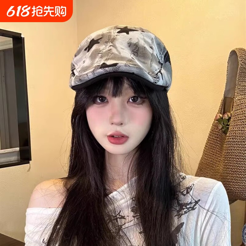 小众贝雷帽复古破洞星星前进帽子女生雅痞画家帽显脸小气质鸭舌帽