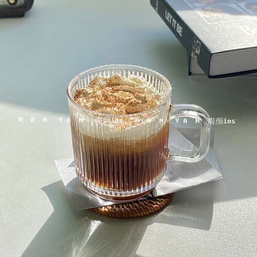 冰美式玻璃杯 韩风ins带把简约竖条纹冰拿铁咖啡杯冷饮马克杯水杯