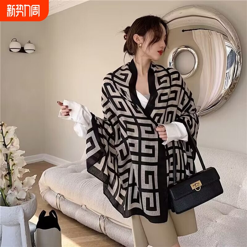 围脖女秋冬高级感冬季气巾两用围巾披春秋棉麻肩老花灰色绿色咖色