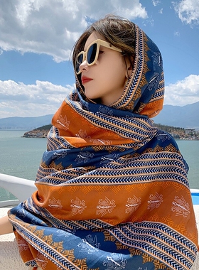 民族风围巾丝巾披肩防晒女云南青海草原旅游穿搭海边纱巾红色白色