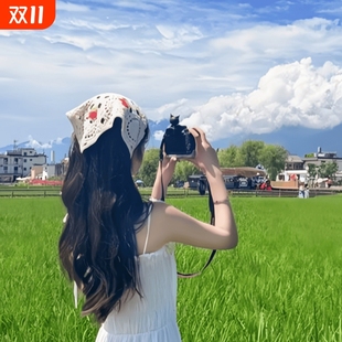 复古针织头巾手工多巴胺三角巾海边出游甜美可爱钩花田园风女头饰