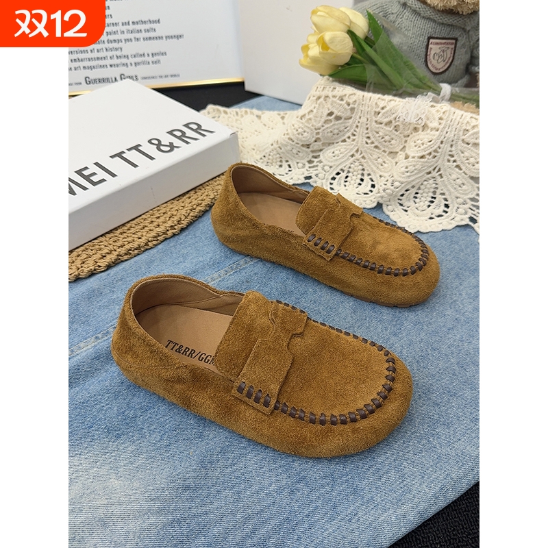 真皮勃肯鞋女平底懒人鞋2025秋季新款复古大头乐福鞋一脚蹬豆豆鞋