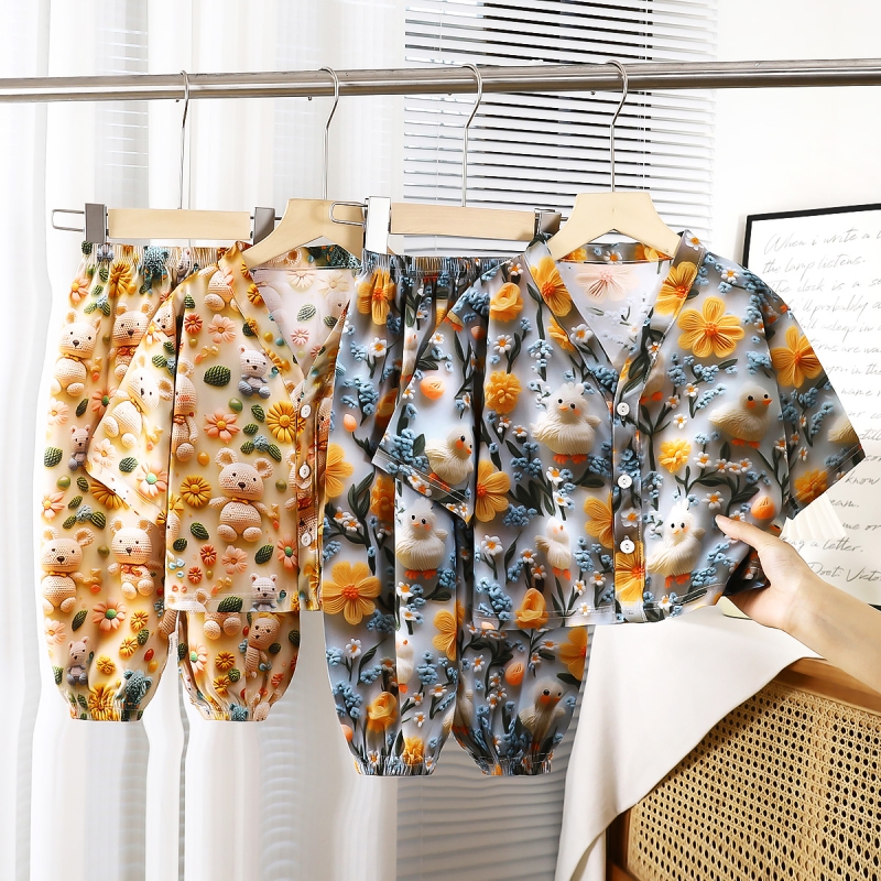 儿童绵绸睡衣套装夏季人造棉空调服男女童棉绸家居服两件套童装