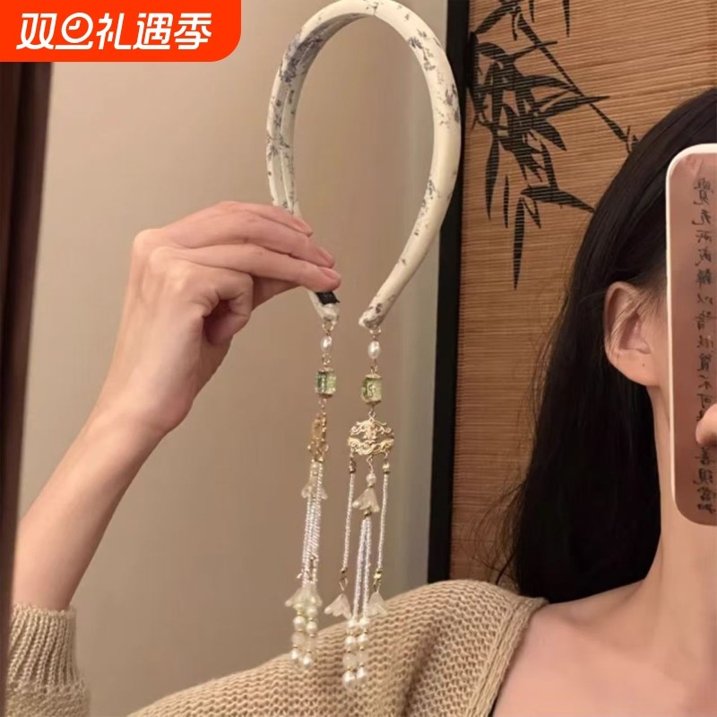 「江南烟雨」2025年新中式复古流苏发箍假耳环民族风头箍发饰女