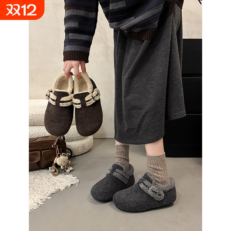内增高厚底勃肯鞋女加绒灰色玛丽珍毛毛鞋秋冬季呢子保暖棉鞋毛绒