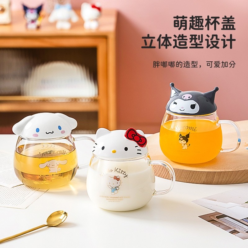 hellokitty玻璃杯带盖可爱卡通高硼硅玻璃圆形水杯耐热喝水