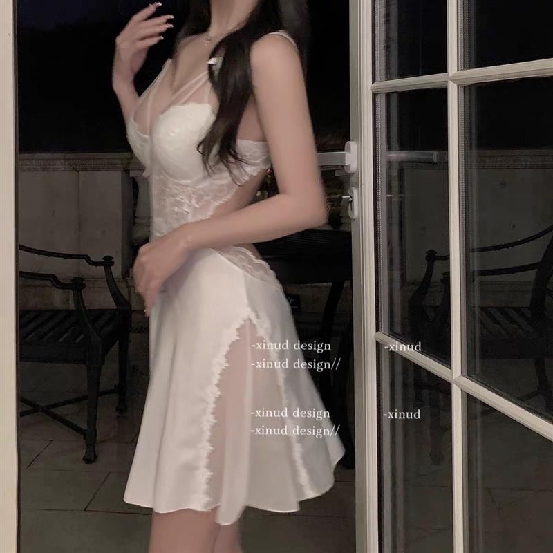 浮生若梦夏季吊带蕾丝蝴蝶结薄款睡衣网纱显瘦纯欲女睡裙