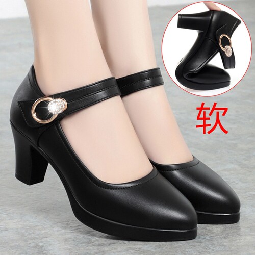 意尔康心选春秋真皮久站不累一字扣带高跟配旗袍走秀跳舞妈妈鞋皮