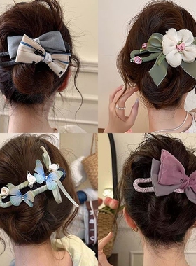 春夏蝴蝶结发夹女后脑勺2026新款大号盘发鸭嘴夹头饰抓夹紫色花朵