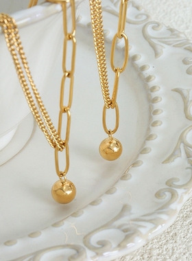 双层拼接链圆珠吊坠项链钛钢18k金西太后气质个性欧美不掉色饰品