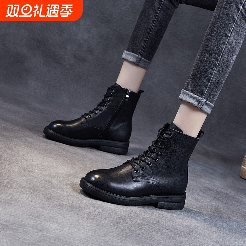 2025新款真皮短靴女平底秋冬高帮棉鞋软底女士皮鞋马丁靴单靴中跟