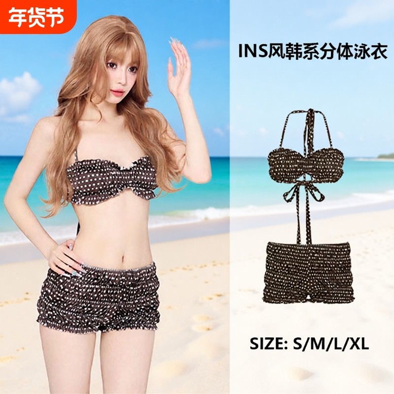 2025新款美式辣妹波点荷叶边性感比基尼纯欲风小胸挂脖分体泳衣女