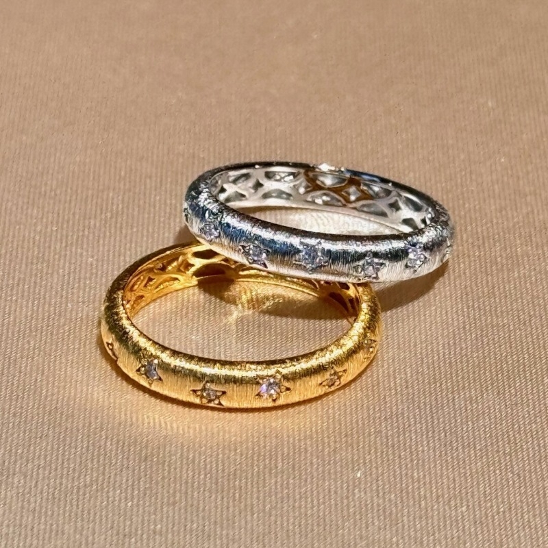 925Vintage中古风轻奢拉丝镶钻满天星戒指星星闪烁时尚叠戴指环