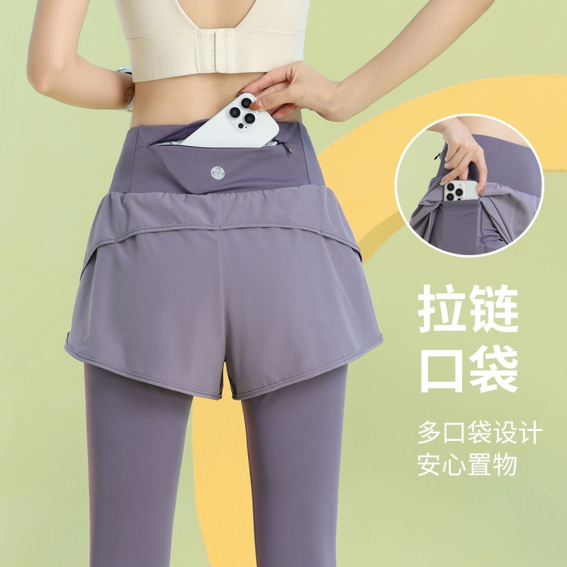 后口袋放手机健身裤女夏季假两件速干七分裤高弹力网红跳操瑜伽裤