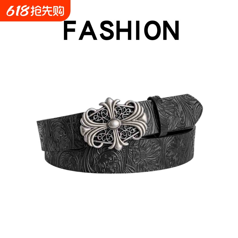 皮带复古风十字架小众雕花铆钉腰带男款女亚文化美式波西米亚百搭