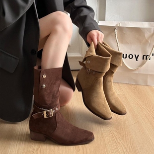 复古皮带扣骑士靴女2025秋冬新款 靴 两穿靴子按扣粗跟西部牛仔时装